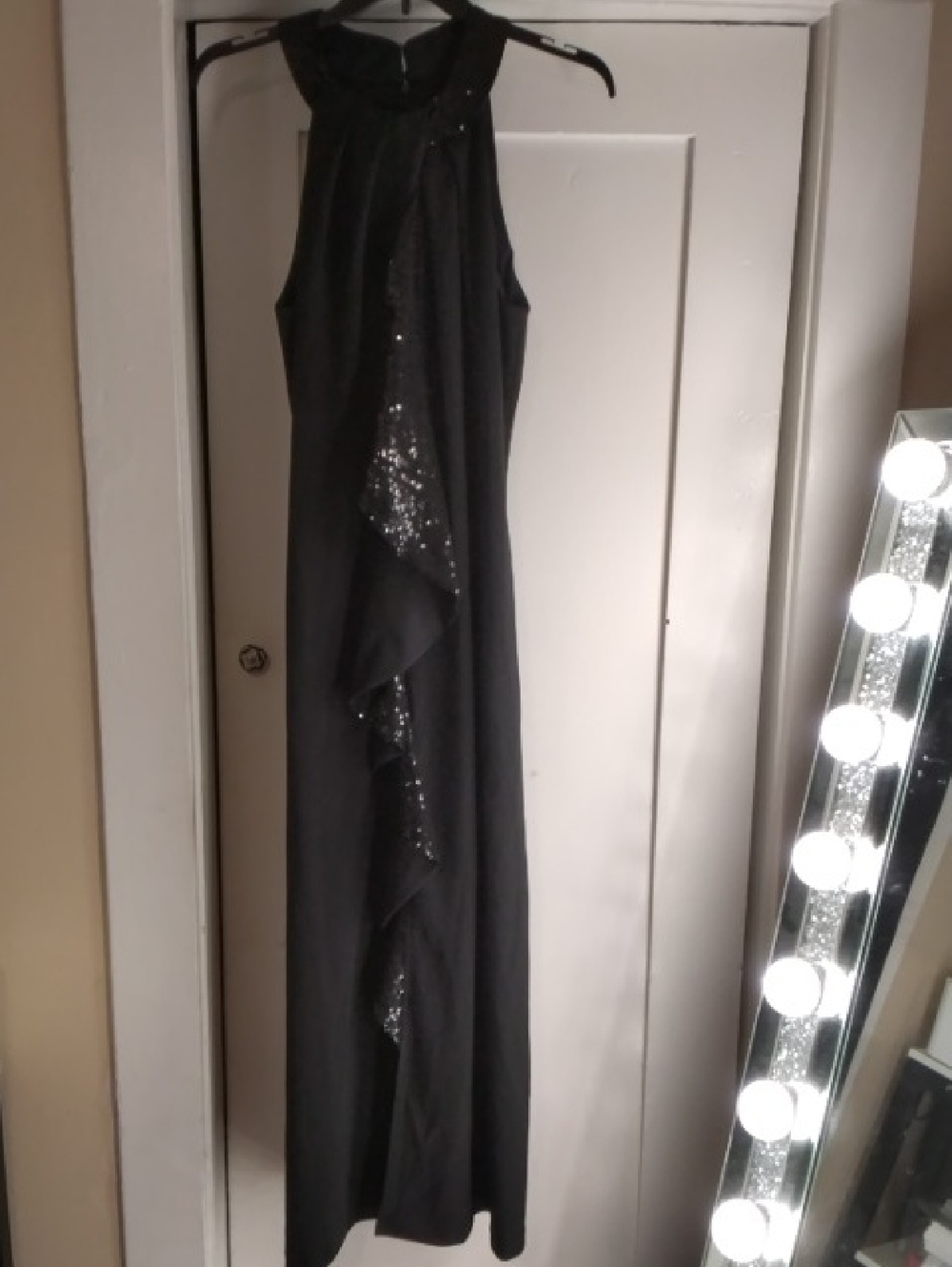 SLNY Black Sleeveless Evening Gown with Sequin Cascade